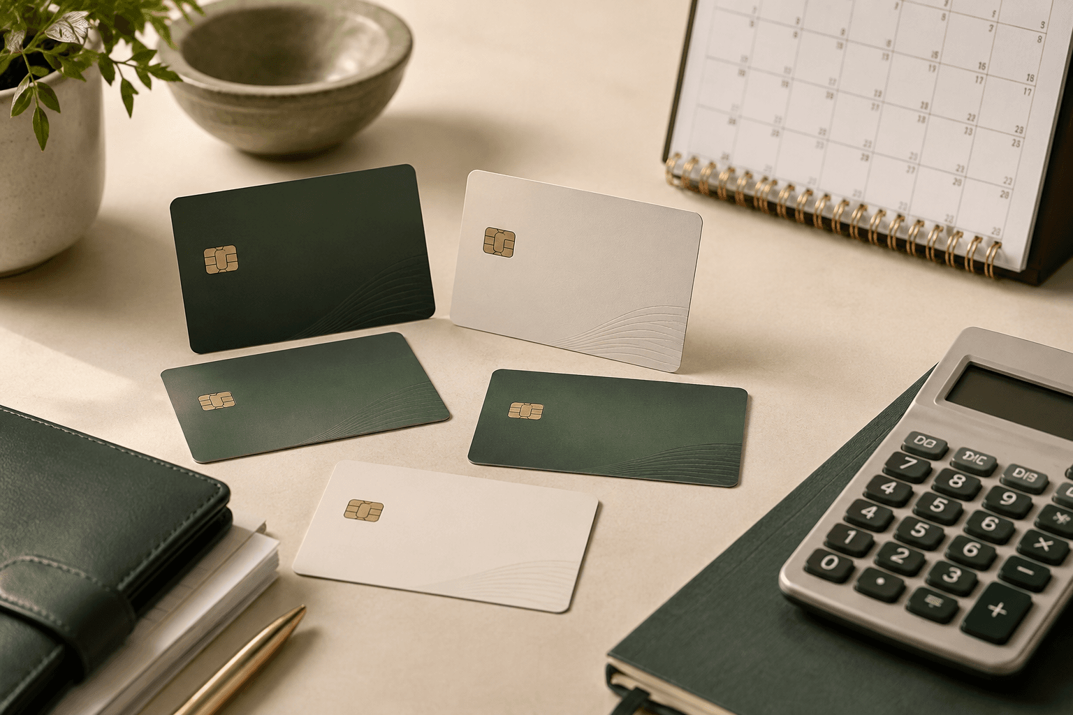 Several credit cards beside a calendar and calculator