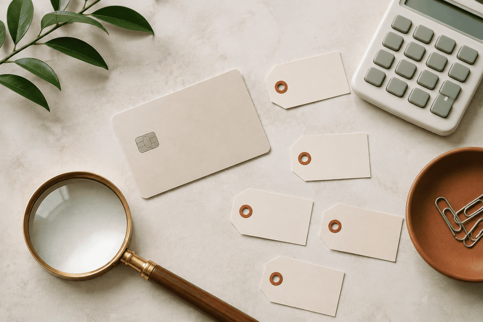 Credit card, fee tags, calculator and magnifying glass