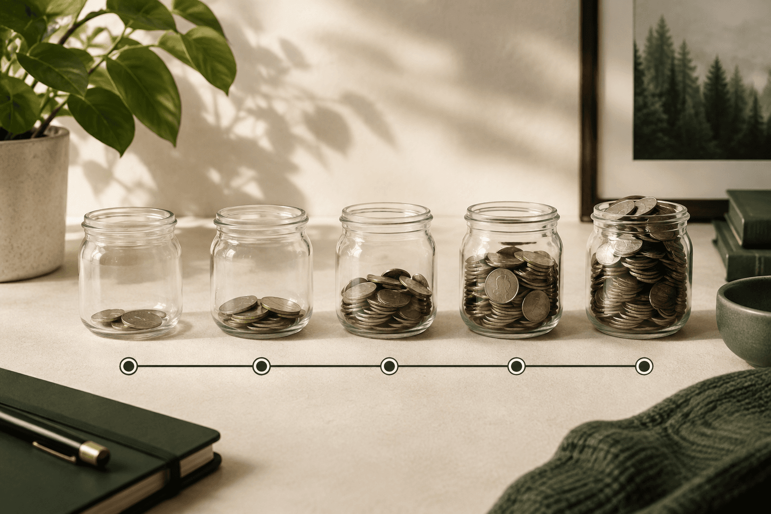 Five savings jars showing step-by-step emergency-fund progress