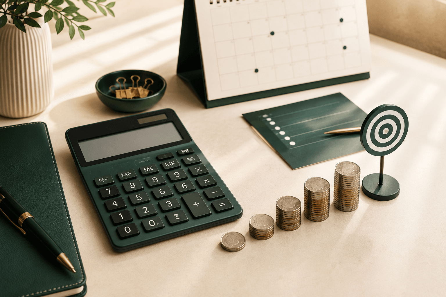 Calculator, savings progress and a target marker