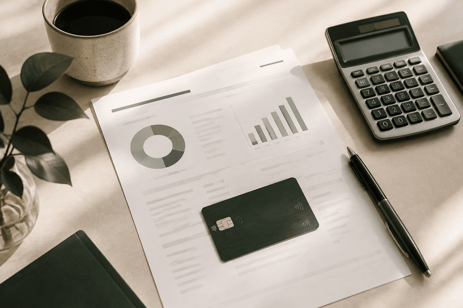 Credit card, calculator and borrowing-cost charts on a desk