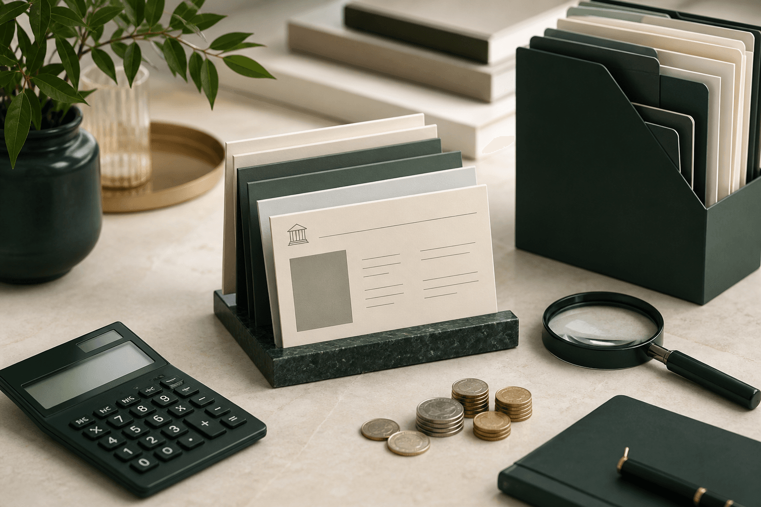 Bank comparison folders, calculator and magnifying glass