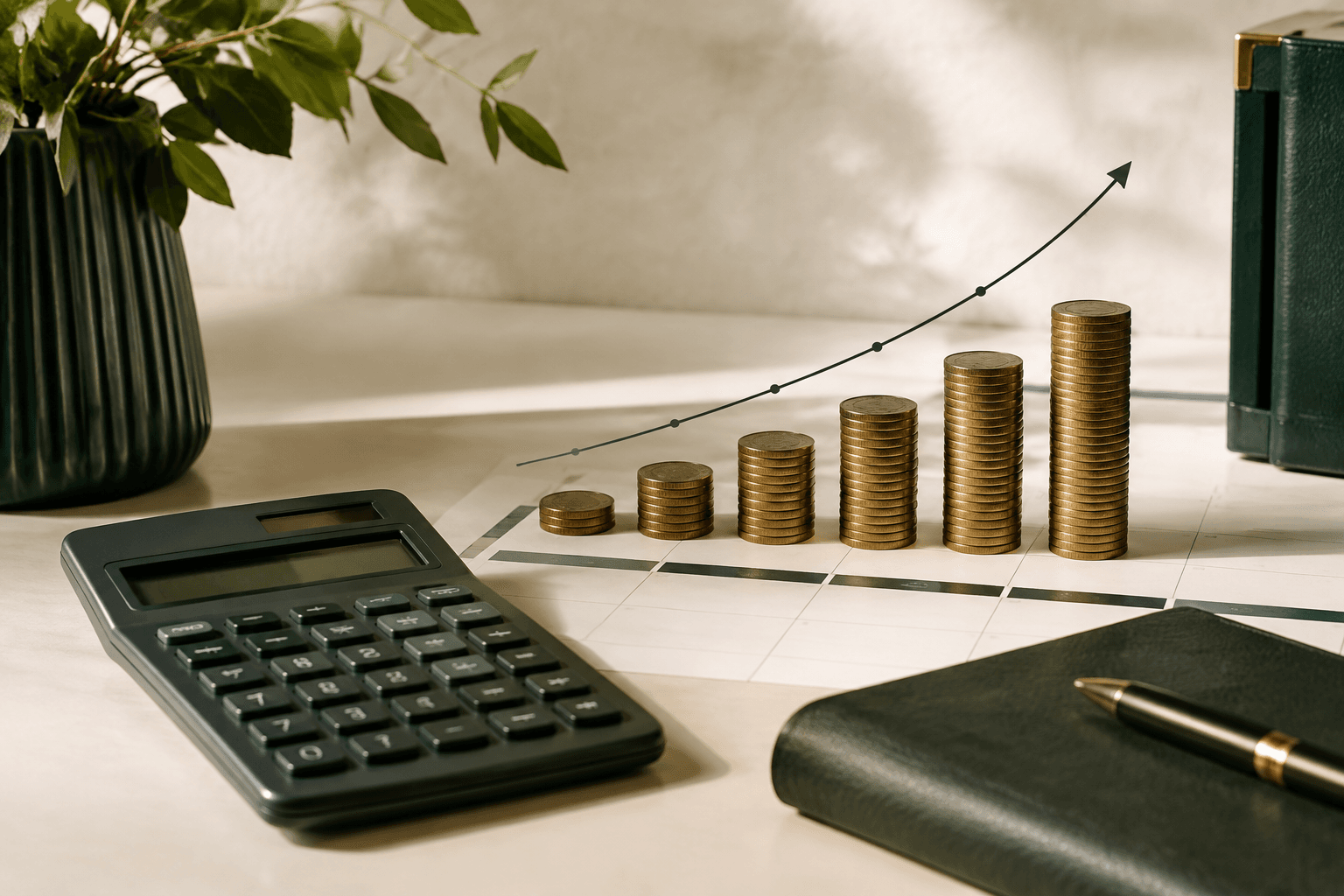 Coin stacks and a growth curve beside a calculator