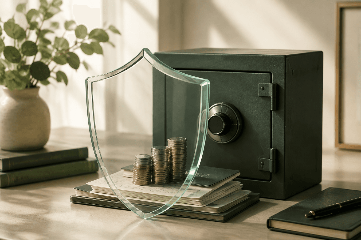 Protective shield, deposit records and savings beside a secure vault