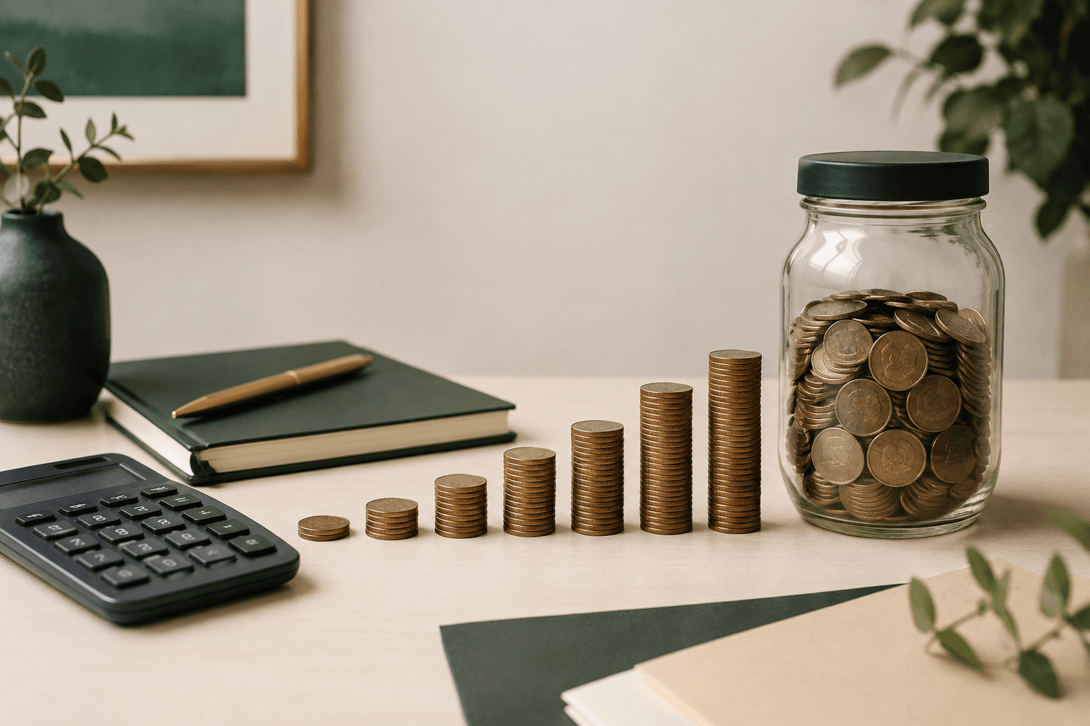 Savings jar, calculator and coin stacks illustrating APY growth